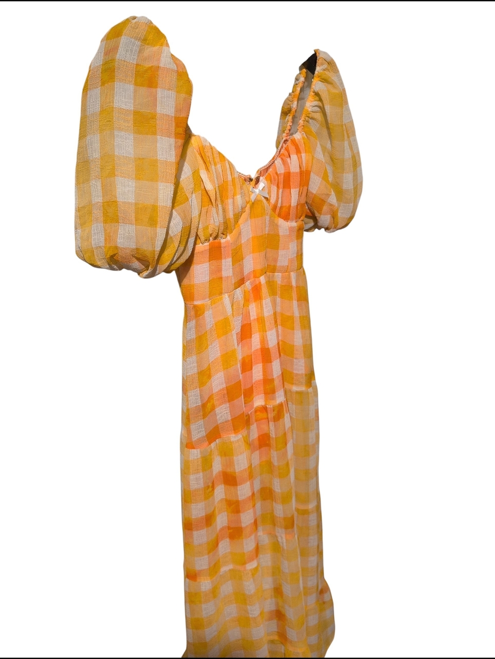 For Love & Lemons Mimosa Maxi Dress - Yellow Gingham Puff Sleeve S - Picture 3 of 10
